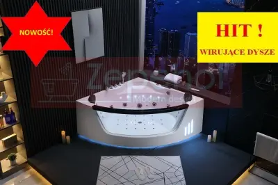 Wanna z hydromasażem EB-375 narożna 150cmx150cmx64cm + MASAŻ KARKU, DYSZE OBROTOWE+PILOT