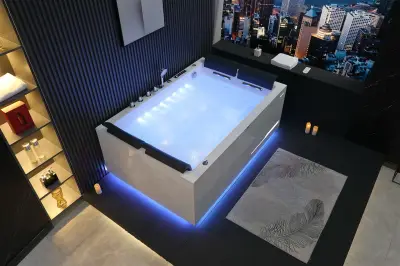Wirujące dysze Wanna z hydromasażem EB-100 prostokątna 180cmx120cmx66cm Wodospad LED x 2+Ambiente z podgrzewaczem+pilot