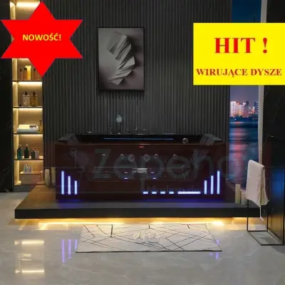 Wirujące dysze Czarna wanna z hydromasażem EB-7066 B prostokątna 180cmx120cmx59cm Wodospad LED x 2+Ambiente z podgrzewaczem+pilot