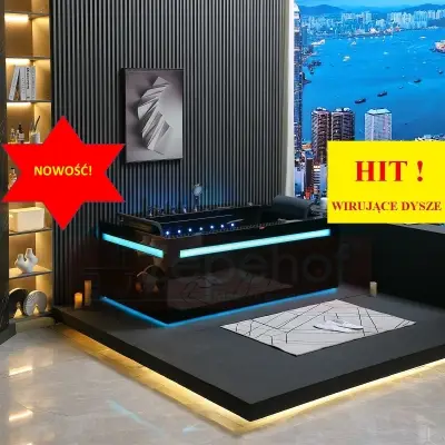 Czarna wanna z hydromasażem EBB-D871 prostokątna 180cmx100cmx65cm DYSZE OBROTOWE, MASAŻ KARKU, WODOSPADY, PILOT